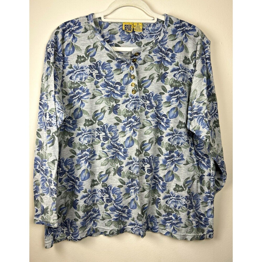 Northwest Blue Vintage 90s Gray Blue Green Floral Knit Henley Long Sleeve Top XL